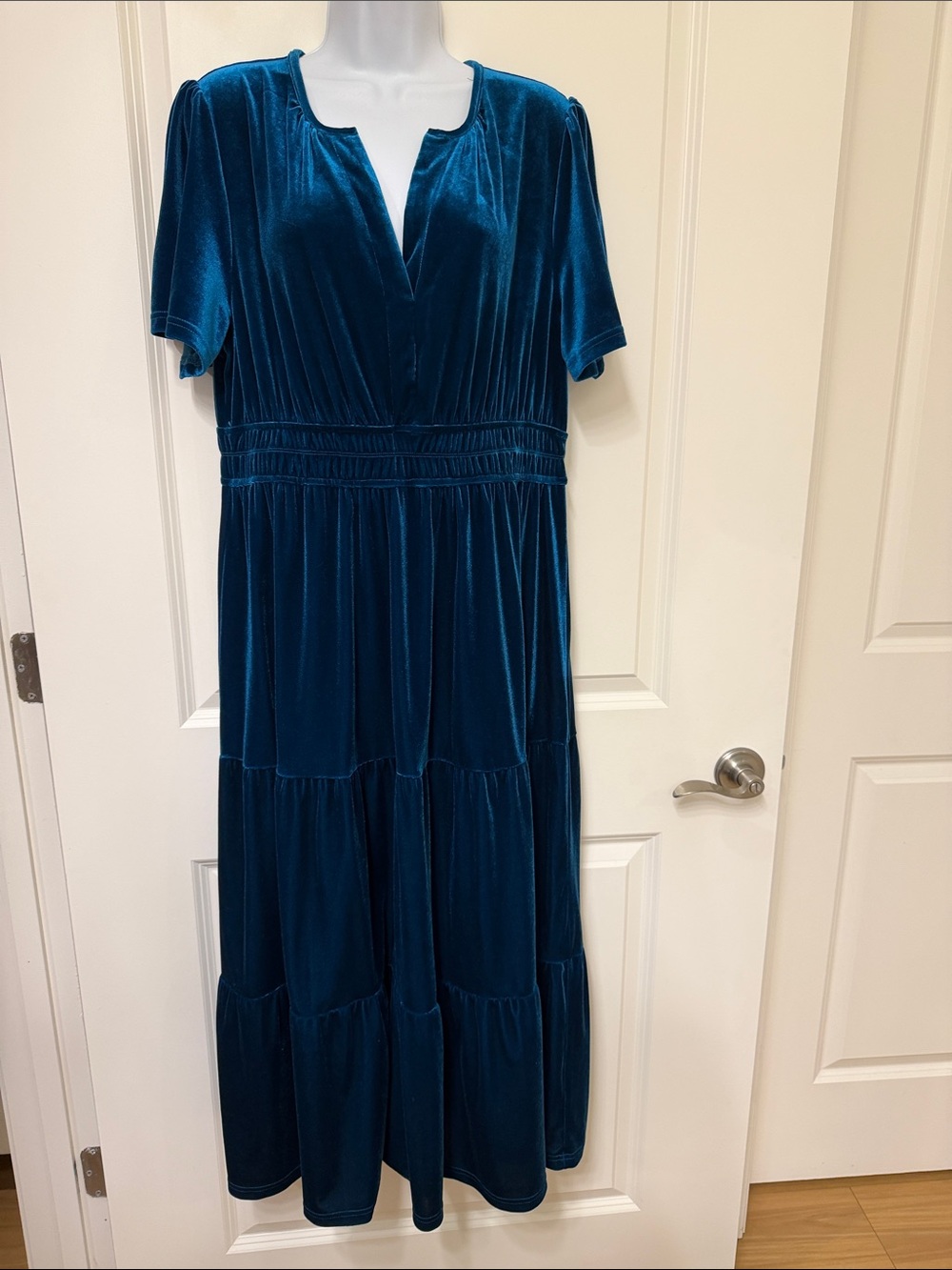 Simplee Apparel Teal Velvet Tiered Maxi Dress